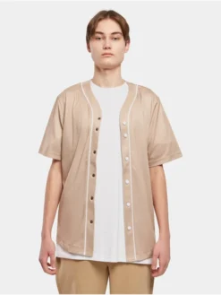 URBAN CLASSICS Herren Hemd Baseball Mesh Jersey In Beige
